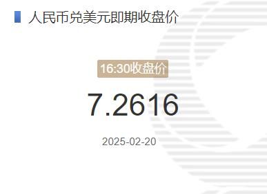 2025年02月20日：2月20日人民币兑美元即期收盘价报7.2616 较上一交易日上调235个基点